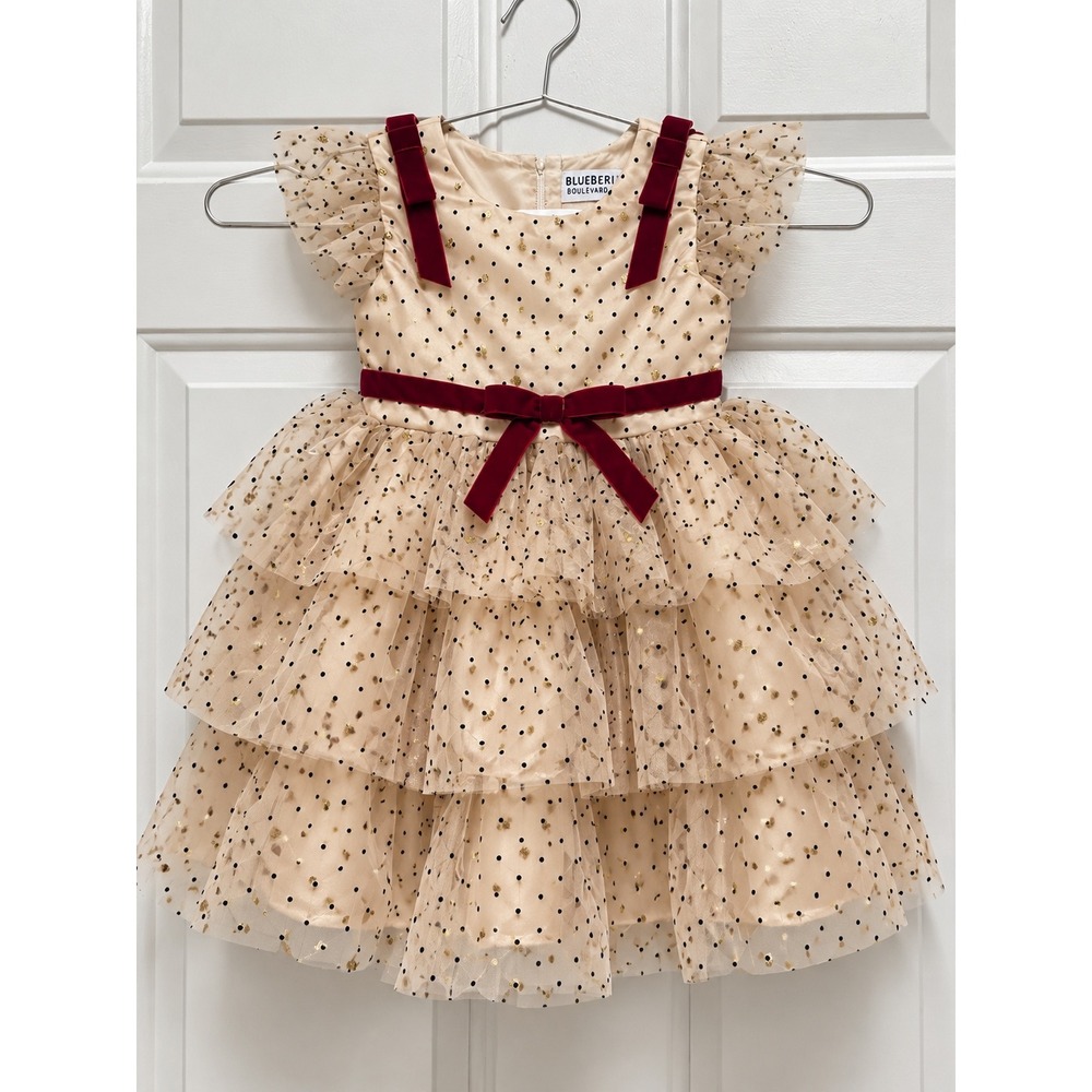 Blueberi Boulevard Girls 2T Champagne Tulle Velvet Bow Holiday Dress